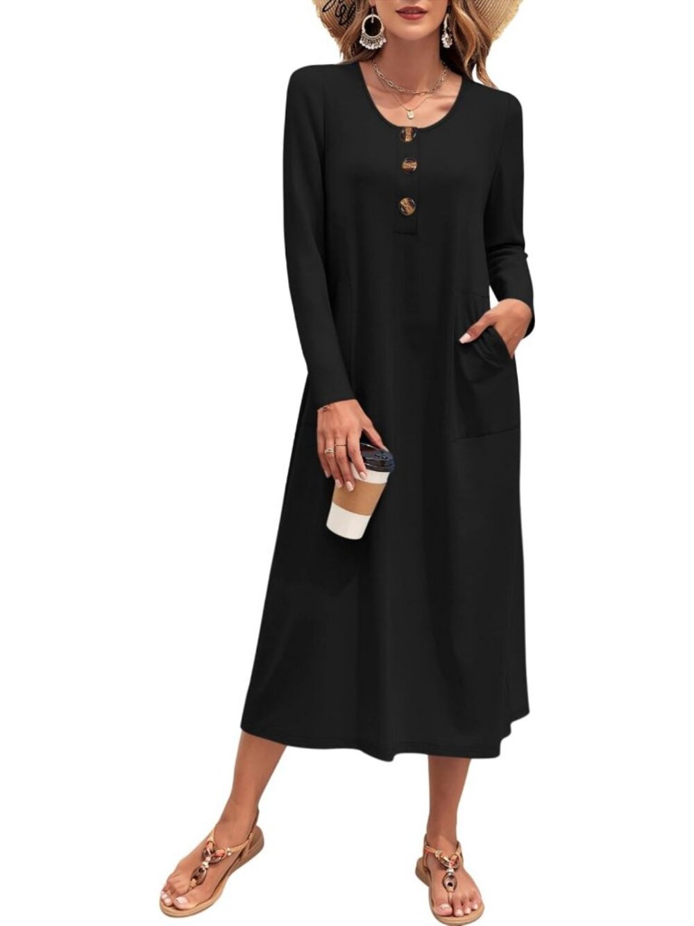 Chic Long Sleeve Button Front Midi Dress with Pockets | Casual Knit Style